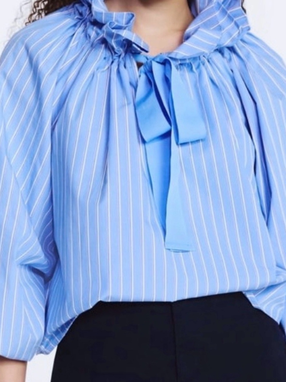 Light Blue Striped Ruffle-Neck Tie Blouse - Women - Picture 2 of 2